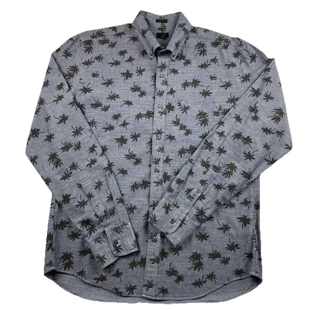 Mens J. Crew Slim Long Sleeve Button Up Shirt Palm Tree Dark Gray/Black-L